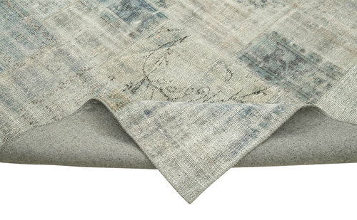 Handmade Area Rug - Blue Patchwork Wool Cotton Carpet, Vintage Handwoven Turkish Style