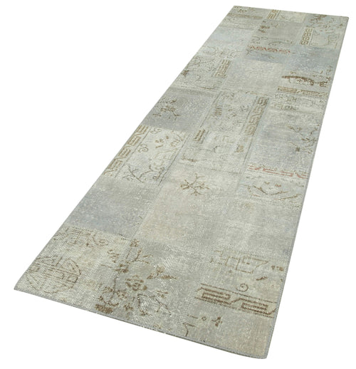 Handmade Area Rug - Kirk Yama Grey Patchwork Wool Cotton Carpet 2'9''x10'