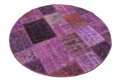 Handmade Area Rug - Vintage Turkish Purple Patchwork Wool Cotton Carpet 4'9"x4'9"