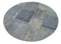Kirk Yama Blue Round Patchwork Cotton Wool Handmade Area Rug 4'6'' x 4'6''