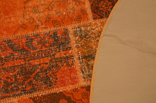 Handmade Area Rug - Orange Patchwork Turkish Vintage Cotton Wool 6x6 ft Carpet