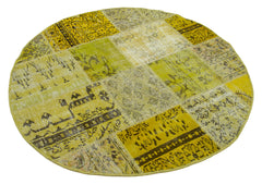 Handmade Area Rug - Yellow Patchwork Cotton Wool Small 4x4 Vintage Carpet