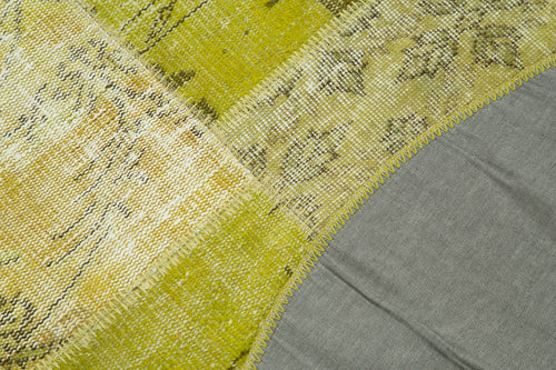 Handmade Area Rug - Yellow Patchwork Cotton Wool Small 4x4 Vintage Carpet