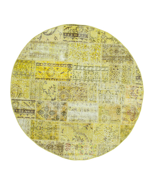 Handmade Area Rug - Yellow Patchwork Carpet | Turkish Wool Cotton Blend 6'5''x6'5''