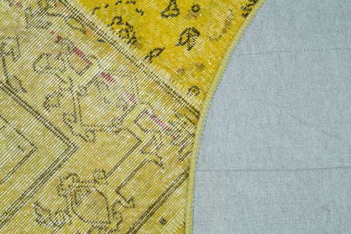 Handmade Area Rug - Yellow Patchwork Wool & Cotton 6x6 Foot Vintage Carpet