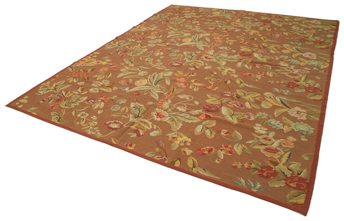 Aubusson Floral Brown Floral Cotton Wool Handmade Area Rug 9'2'' x 11'7''