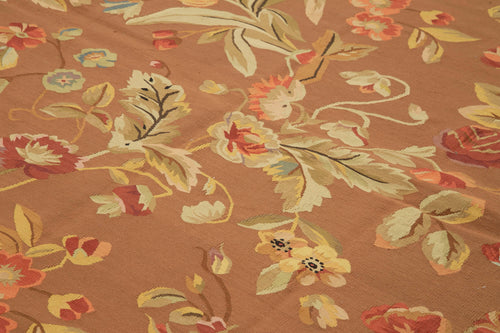 Aubusson Floral Brown Floral Cotton Wool Handmade Area Rug 9'2'' x 11'7''