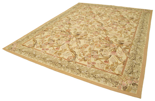 Aubusson Floral Beige Floral Cotton Wool Handmade Area Rug 8'10'' x 12'0''