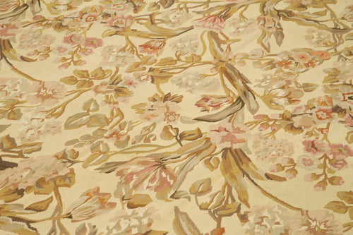 Aubusson Floral Beige Floral Cotton Wool Handmade Area Rug 8'10'' x 12'0''