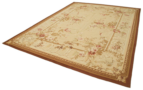 Aubusson Floral Beige Floral Cotton Wool Handmade Area Rug 8'10'' x 12'0''