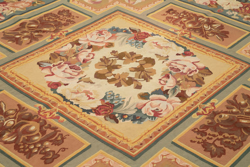 Aubusson Floral Beige Floral Cotton Wool Handmade Area Rug 9'2'' x 12'0''