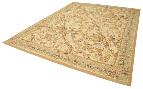Aubusson Floral Beige Floral Cotton Wool Handmade Area Rug 8'9'' x 12'0''