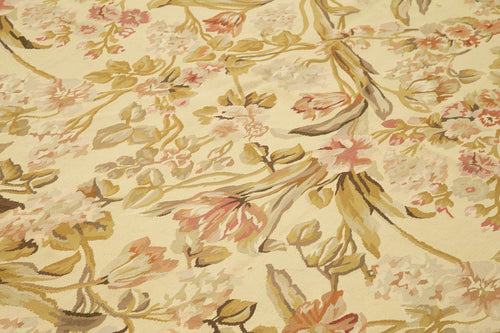 Aubusson Floral Beige Floral Cotton Wool Handmade Area Rug 8'9'' x 12'0''