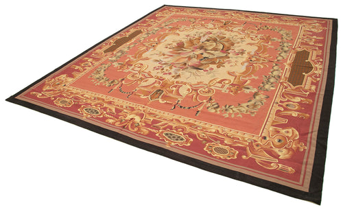 Aubusson Floral Red Floral Cotton Wool Handmade Area Rug 9'11'' x 10'10''