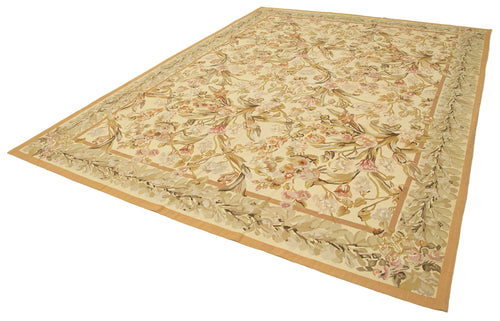 Aubusson Floral Beige Floral Cotton Wool Handmade Area Rug 8'9'' x 12'2''
