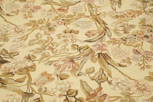 Aubusson Floral Beige Floral Cotton Wool Handmade Area Rug 8'9'' x 12'2''
