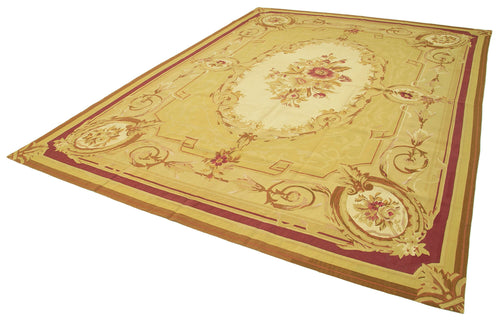 Aubusson Floral Yellow Floral Cotton Wool Handmade Area Rug 8'8'' x 11'11''