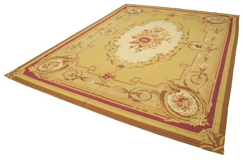 Aubusson Floral Yellow Floral Cotton Wool Handmade Area Rug 8'9'' x 12'2''