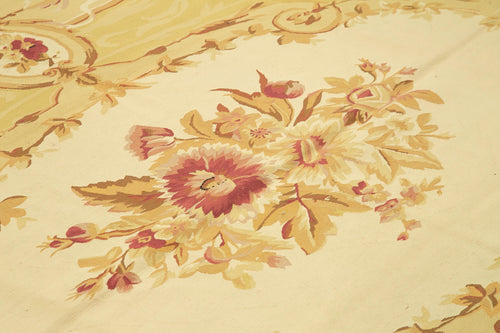 Aubusson Floral Yellow Floral Cotton Wool Handmade Area Rug 8'11'' x 11'11''
