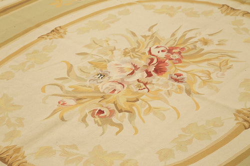 Aubusson Floral Beige Floral Cotton Wool Handmade Area Rug 8'11'' x 11'11''
