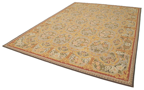 Aubusson Floral Green Floral Cotton Wool Handmade Area Rug 8'9'' x 12'2''