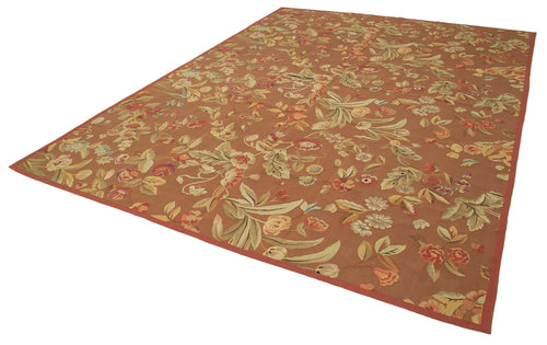 Aubusson Floral Brown Floral Cotton Wool Handmade Area Rug 8'9'' x 11'10''