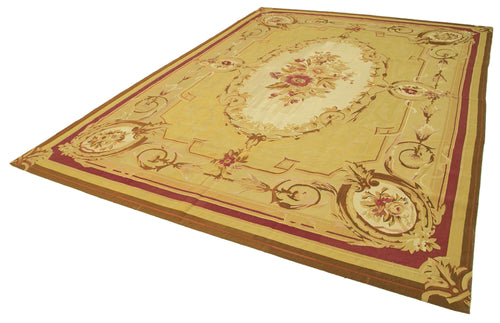 Aubusson Floral Yellow Floral Cotton Wool Handmade Area Rug 8'6'' x 12'1''