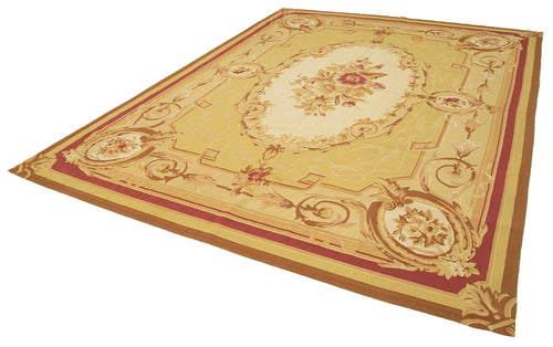 Aubusson Floral Yellow Floral Cotton Wool Handmade Area Rug 8'9'' x 11'9''