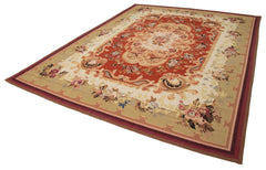 Aubusson Floral Beige Floral Cotton Wool Handmade Area Rug 8'8'' x 11'11''