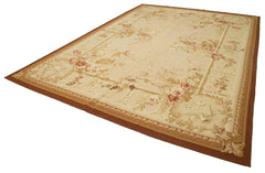 Aubusson Floral Beige Floral Cotton Wool Handmade Area Rug 9'10'' x 14'1''