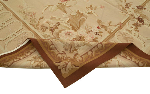 Aubusson Floral Beige Floral Cotton Wool Handmade Area Rug 9'10'' x 14'1''