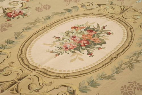 Aubusson Floral Beige Floral Cotton Wool Handmade Area Rug 8'8'' x 11'0''