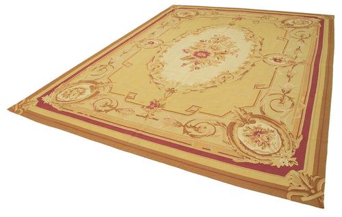 Aubusson Floral Yellow Floral Cotton Wool Handmade Area Rug 8'10'' x 12'0''