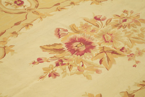 Aubusson Floral Yellow Floral Cotton Wool Handmade Area Rug 8'10'' x 12'0''