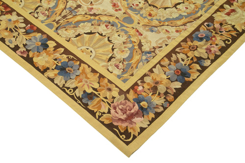 Aubusson Floral Yellow Floral Cotton Wool Handmade Area Rug 11'1'' x 12'6''