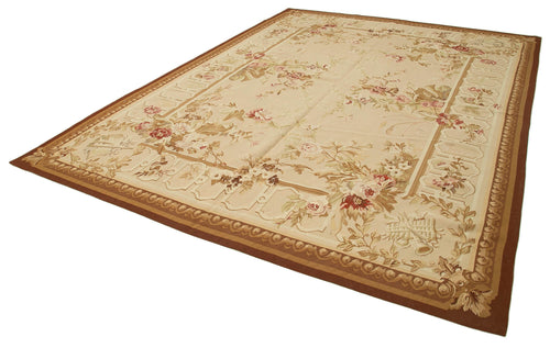 Aubusson Floral Beige Floral Cotton Wool Handmade Area Rug 8'10'' x 12'0''