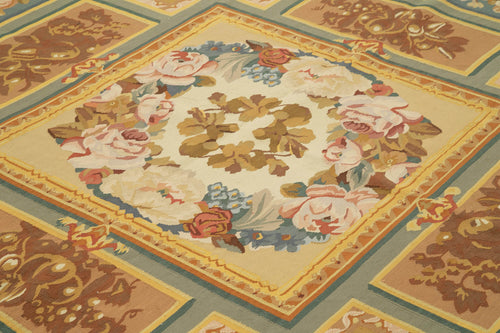 Aubusson Floral Yellow Floral Cotton Wool Handmade Area Rug 9'0'' x 11'11''
