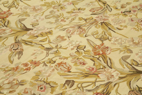 Aubusson Floral Yellow Floral Cotton Wool Handmade Area Rug 10'0'' x 14'1''