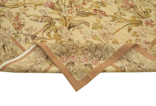 Aubusson Floral Yellow Floral Cotton Wool Handmade Area Rug 10'0'' x 14'1''