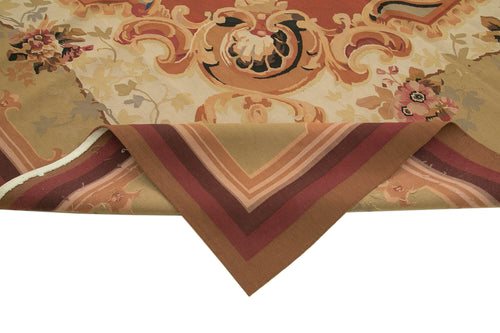 Aubusson Floral Beige Floral Cotton Wool Handmade Area Rug 10'6'' x 14'0''