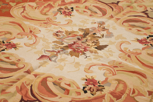 Aubusson Floral Beige Floral Cotton Wool Handmade Area Rug 10'4'' x 13'5''