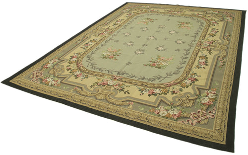 Aubusson Floral Green Floral Cotton Wool Handmade Area Rug 8'10'' x 11'11''