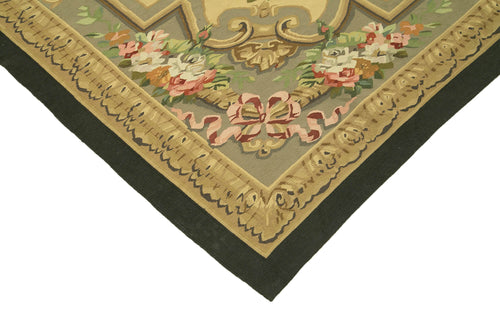 Aubusson Floral Green Floral Cotton Wool Handmade Area Rug 8'10'' x 11'11''