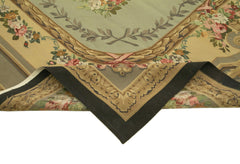 Aubusson Floral Green Floral Cotton Wool Handmade Area Rug 8'10'' x 11'11''