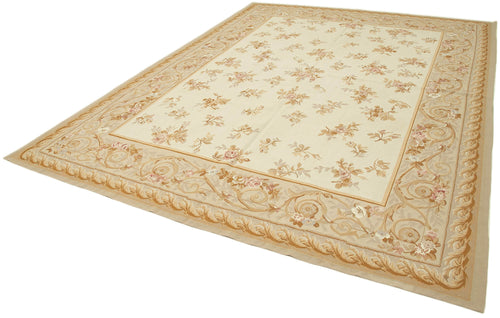 Aubusson Floral Beige Floral Cotton Wool Handmade Area Rug 8'8'' x 11'7''