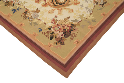 Aubusson Floral Beige Floral Cotton Wool Handmade Area Rug 9'0'' x 11'11''