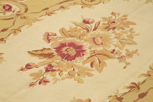 Aubusson Floral Yellow Floral Cotton Wool Handmade Area Rug 8'8'' x 12'0''