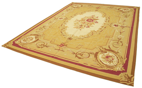 Aubusson Floral Yellow Floral Cotton Wool Handmade Area Rug 8'10'' x 12'0''