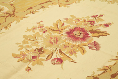 Aubusson Floral Yellow Floral Cotton Wool Handmade Area Rug 8'10'' x 12'0''