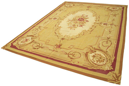 Handmade Area Rug - Yellow Floral Wool Cotton Vintage Turkish Knotted Carpet 8x12